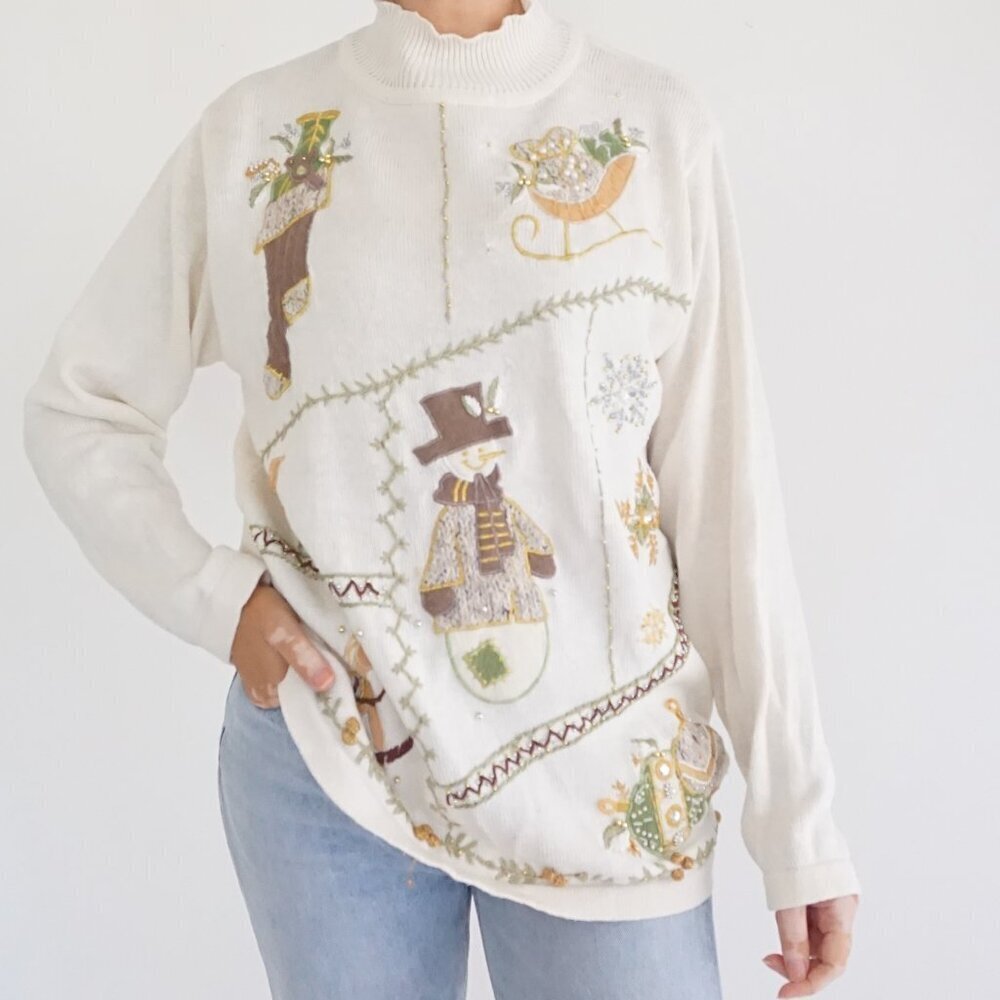 VTG Basic Editions Cream Snowman Sleigh Beaded Embroidered Holiday Sweater M